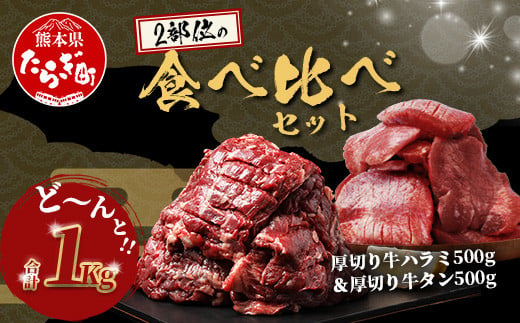 【11月発送】人気セット！ 厚切り 牛 ハラミ ステーキ＆ 厚切り 牛タン 【合計 1㎏ 】 焼肉 バーベキュー キャンプ アウトドア 牛たん ハラミ 焼き肉 カット済み 塩味 牛肉 肉  冷凍 パック 067-0672-11 1498612 - 熊本県多良木町