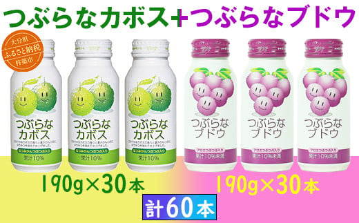 つぶらなカボス30本＋つぶらなブドウ30本（計60本・各1ケース）190g ／ つぶらな つぶらなカボス つぶらなブドウ ジュース 2ケース かぼすドリンク 清涼飲料水 人気 子供 おすすめ 果汁飲料 ご当地ジュース かぼす ぶどう ぶどうジュース 飲料 60本 飲み比べ 詰めあわせ ギフト プレゼント セット 贈答 家庭用 JAフーズおおいた ＜131-204_6＞ 1485240 - 大分県杵築市