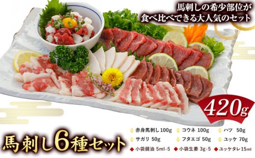 馬刺し 6種 セット 420g 醤油 タレ 付き 津奈木食品 《30日以内に出荷予定(土日祝除く)》熊本県 葦北郡 津奈木町 送料無料 肉 馬肉 馬さし 赤身 タテガミ ハツ サガリ フタエゴ ユッケ