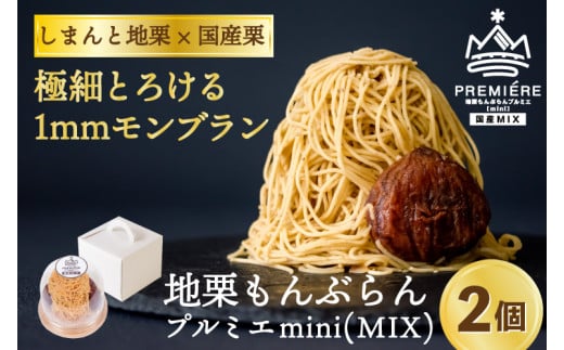 【予約】1mm極細！とろけるモンブラン「地栗もんぶらん プルミエmini(MIX)」2個　Qdr-231　／添加物不使用 しまんと地栗 国産栗 和栗 栗スイーツ 渋皮煮 贈りもの ギフト お取り寄せ ケーキ 高知 四万十 四万十ドラマ 御祝 洋菓子 熨斗 御年賀 お歳暮 おちゃくりcafe 1495900 - 高知県四万十町