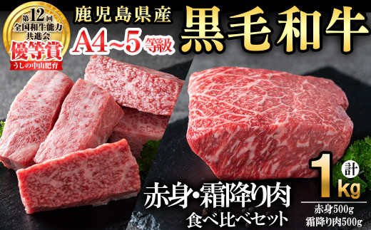 【数量限定】A4・A5等級うしの中山黒毛和牛ブロック赤身(モモorロース 500g)・霜降り肉(バラorカルビ 500g)食べ比べセット合計1kg c0-101 1142555 - 鹿児島県志布志市