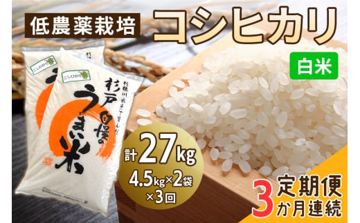 新米 [定期便／3ヶ月] 低農薬栽培のコシヒカリ《白米》計27kg (4.5kg×2袋×3ヶ月連続)｜おいしい お米 コメ こめ ご飯 ごはん 白米 玄米 お取り寄せ 直送 贈り物 贈答品 ふるさと納税 埼玉 杉戸 [0541] 1497234 - 埼玉県杉戸町