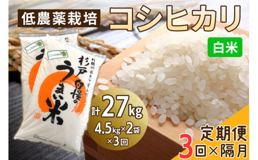 新米 [定期便／隔月3ヶ月] 低農薬栽培のコシヒカリ《白米》計27kg (4.5kg×2袋×3ヶ月)｜おいしい お米 コメ こめ ご飯 ごはん 白米 玄米 お取り寄せ 直送 贈り物 贈答品 ふるさと納税 埼玉 杉戸 [0547] 245979 - 埼玉県杉戸町