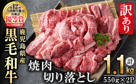 【訳あり・数量限定】うしの中山黒毛和牛切り落とし焼肉(計1.1kg・550g×2P) b5-177 1133554 - 鹿児島県志布志市