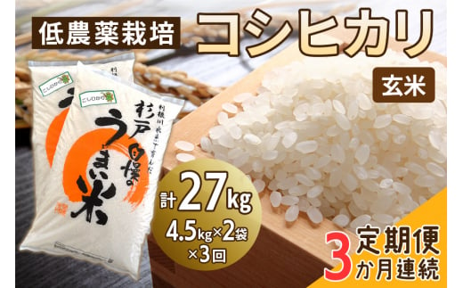 新米 [定期便／3ヶ月] 低農薬栽培のコシヒカリ《玄米》計27kg (4.5kg×2袋×3ヶ月連続)｜おいしい お米 コメ こめ ご飯 ごはん 白米 玄米 お取り寄せ 直送 贈り物 贈答品 ふるさと納税 埼玉 杉戸 [0542] 1497235 - 埼玉県杉戸町