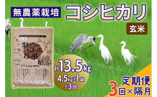 新米 [定期便／隔月3ヶ月] 無農薬栽培 コシヒカリ《玄米》計13.5kg (4.5kg×3ヶ月)｜おいしい お米 コメ こめ ご飯 ごはん 白米 玄米 お取り寄せ 直送 贈り物 贈答品 ふるさと納税 埼玉 杉戸 [0572] 246505 - 埼玉県杉戸町