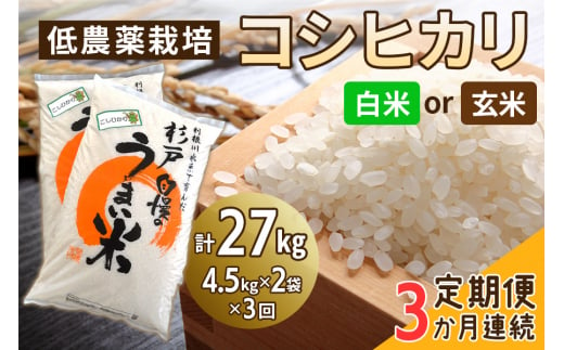 新米 [定期便/3ヶ月] 低農薬栽培のコシヒカリ 計27kg (4.5kg×2袋×3ヶ月連続)|おいしい お米 コメ こめ ご飯 ごはん 白米 玄米 お取り寄せ 直送 贈り物 贈答品 ふるさと納税 埼玉 杉戸 [0540-0542]