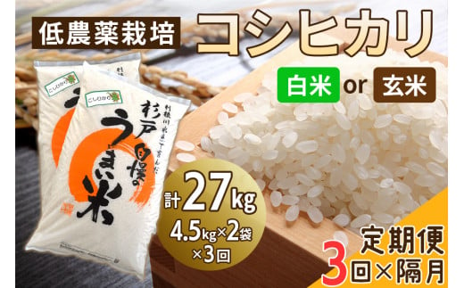 新米 [定期便/隔月3ヶ月] 低農薬栽培のコシヒカリ 計27kg (4.5kg×2袋×3ヶ月)|おいしい お米 コメ こめ ご飯 ごはん 白米 玄米 お取り寄せ 直送 贈り物 贈答品 ふるさと納税 埼玉 杉戸 [0546-0548]