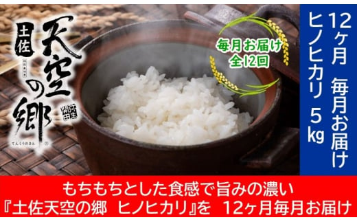 農林水産省の「つなぐ棚田遺産」に選ばれた棚田で育てられた 土佐天空の郷 ヒノヒカリ 5kg定期便  毎月お届け　全12回