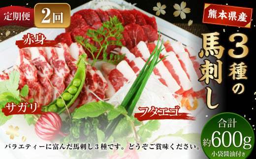 【定期便2回】 3種の馬刺し 約300g 計約600g 【赤身・フタエゴ・サガリ】 熊本 馬肉 馬刺 冷凍 1451933 - 熊本県水俣市