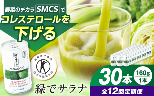【定期便12回】 サンスター 緑でサラナ 30本セット 160g 野菜ジュース 青汁 サラナ 缶 ケース まとめ買い 健康 特定保健用食品 トクホ コレステロール 保存料不使用 無添加 国産 長期保存 常温 防災 ギフト 定期便 大阪府高槻市/サンスター[AOAD003]