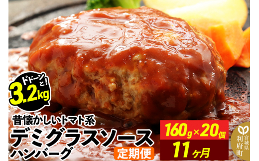 《定期便11ヶ月》ドドンと3.2kg！昔懐かしいトマト系デミグラスソースハンバーグ (160g×20個)×11回 肉 洋食 簡単 大容量 湯煎 湯せん 個包装