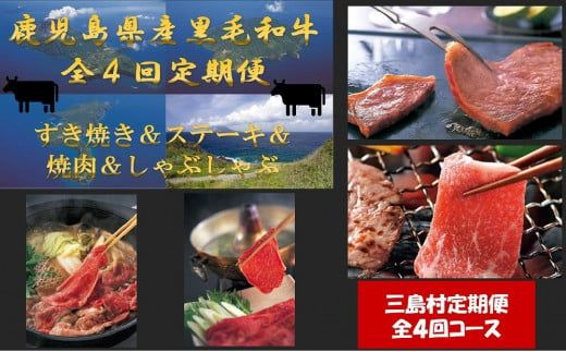 [定期便/全4回]鹿児島県産黒毛和牛 すき焼き・ステーキ・焼肉・しゃぶしゃぶ