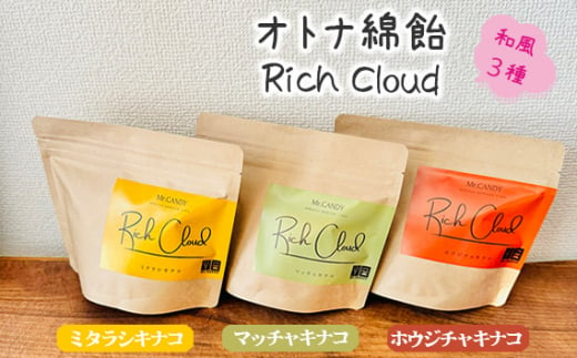 No.134 オトナ綿飴Rich Cloud和風3種セット ／ スイーツ デザート おやつ ほどける口溶け 新食感 ミタラシキナコ マッチャキナコ ホウジチャキナコ 埼玉県 1506338 - 埼玉県越谷市