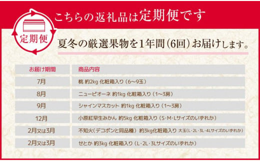 香川県さぬき市のふるさと納税 【定期便全6回】さぬき市 フルーツ定期便(桃 ニューピオーネ シャインマスカット 小原紅早生みかん 不知火 せとか)【旬 人気 果物 くだもの もも ぶどう マスカット みかん でこぽん せとか 柑橘 香川県 さぬき市】