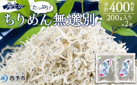 ＜井上のちりめん 無選別 合計約400g（200g入り×2袋）＞ ちりめんじゃこ タコ エビ イカ 稚魚 バラバラ かたくちいわし 小魚 小分け カルシウム 乾物 ジッパー付 たっぷり 便利 海鮮 井上水産 特産品 愛媛県 西予市【冷蔵】 1509034 - 愛媛県西予市