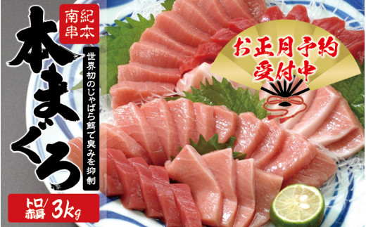 本マグロ トロ＆赤身セット 3kg（養殖）【お正月予約 12月26日～30日発送】濃厚な赤身と高級部位トロの鮪好きにはたまらないセット 【串本町×北山村】 高級 クロマグロ  中トロ 中とろ まぐろ マグロ 鮪 赤身 柵 じゃばらまぐろ 年内配送 年内発送 お正月 正月【nks112-sg】 1056100 - 和歌山県串本町