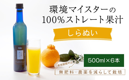 環境マイスターのしらぬい 100%ストレート果汁 500ml×6本セット （無肥料／栽培期間中農薬を減らして栽培／食品添加物無添加） ストレート 国産 不知火 しらぬい 柑橘類 果汁 1510982 - 熊本県水俣市