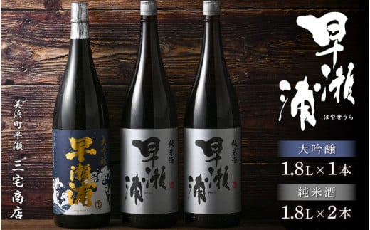 【早瀬浦】大吟醸 1800ml × 1本 ＆ 純米酒 1800ml × 2本 セット【入手困難 飲み比べ 日本酒 地酒 福井 美浜 早瀬 フルーティ 男酒 硬水 ミネラル 希少 ご褒美 家飲み】[m16-e002] 975421 - 福井県美浜町