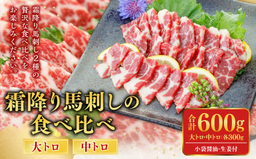 霜降り馬刺しの食べ比べ 大トロ中トロ馬刺し 各300g 計600g 2種 馬刺し 馬肉 食べ比べ 小袋醤油付き 1439803 - 熊本県熊本市