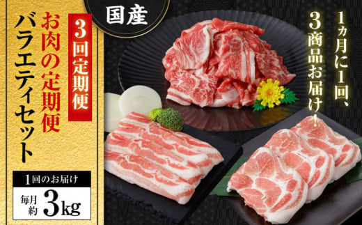 高知県高知市のふるさと納税 【3回定期便】お肉の定期便 バラエティセット (3ヵ月) 総計約9kg 国産 牛肉 切り落とし 豚肉 バラ 肩ロース 【(有)山重食肉】 [ATAP076]