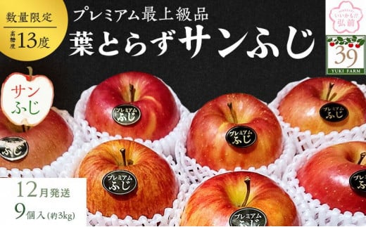 りんご 【 数量限定 】12月発送 蜜入り 糖度13度以上 「特選」 プレミアム 葉とらずサンふじ 約 3kg 9個入り【 弘前市産 青森りんご 】 893769 - 青森県弘前市