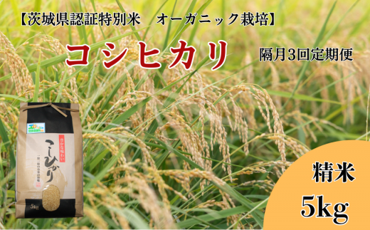 【隔月3回定期便】コシヒカリ 精米5kg×3回【茨城県認証米／オーガニック栽培】 304679 - 茨城県利根町