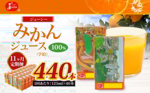 【11回定期便】 ジューシー みかんジュース 100％ （学給） 125ml×40本 みかん ミカン 蜜柑 ジュース オレンジジュース 飲料 紙パック 国産 熊本県 1441767 - 熊本県熊本市