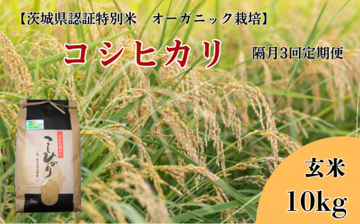 【隔月3回定期便】コシヒカリ 玄米10kg×3回【茨城県認証米／オーガニック栽培】 304676 - 茨城県利根町