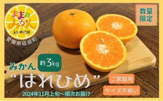 [産地直送][数量限定]みかん「はれひめ」サイズ不揃い3キロ家庭用 11月上旬頃〜順次発送[訳あり ふぞろい 甘い みかん 愛媛]