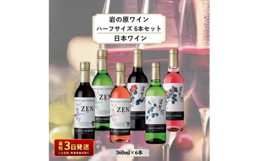 酒 岩の原ワイン ハーフサイズ6本セット（ 赤 ×2本 白 ×2本 ロゼ ×2本各360ml） ワイン ギフト 新潟 上越 1000720 - 新潟県上越市