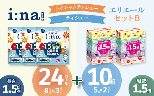 エリエール イーナ セットB（トイレットペーパーシングル8ロール×3パック＋ティッシュ5箱×2パック） トイレットペーパー ティッシュ 備蓄品 生活用品 防災 日用品 消耗品 まとめ買い 防災用品 TY0-0833 1522810 - 岡山県津山市