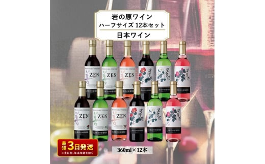 酒 岩の原ワイン ハーフサイズ12本セット（ 赤 ×4本 白 ×4本 ロゼ ×4本各360ml） ワイン 新潟 上越 1000721 - 新潟県上越市