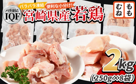 ＜宮崎県産若鶏IQF(2kg)　もも肉1kg(250g×4) むね肉1kg(250g×4)＞入金確認後、3か月以内に順次出荷【 鶏肉 詰め合わせ セット からあげ 唐揚げ カレー シチュー BBQ 煮物 チキン南蛮 小分け おかず おつまみ お弁当 惣菜 時短 炒め物 簡単料理 】 1551436 - 宮崎県国富町