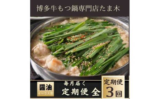 ＜毎月定期便＞＜博多牛もつ鍋専門店たま木＞牛もつ鍋セット醤油味(4～5人前) 牛もつ肉800g全3回【4057706】 1517077 - 福岡県大野城市