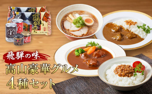 飛騨の味 高山豪華グルメ4種セット（飛騨牛カレー＆ビーフシチュー・高山らーめん・ハンバ具ー）| 自宅でご当地の味 飛騨高山 カレー 飛騨牛 らーめん おかず セット 詰め合わせ お楽しみ おいしい 株式会社永井商店 PG004 1464131 - 岐阜県高山市