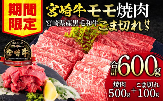 [期間限定]宮崎牛モモ焼肉500g 宮崎県産黒毛和牛こま切れ100g 合計600g_M132-024-UP