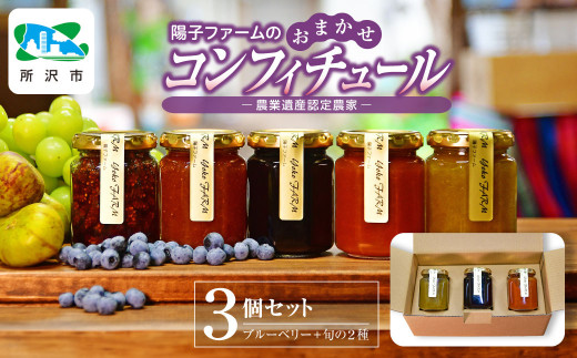 陽子ファームのコンフィチュール ジャム おまかせ3瓶 (140g/瓶) | 埼玉県 所沢市 じゃむ 朝食 パンブルーベリー キウイ あんず いちじく シャインマスカット ルバーブ 果物 食感 セット 詰め合わせ 旬 おいしい 安全 安心 お取り寄せ ギフト おすすめ 贈答 プレゼント 1516363 - 埼玉県所沢市