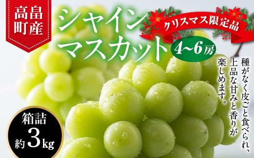 2024年 山形県 高畠町産 シャインマスカット 秀 約3kg(4～6房) 2024年12月中旬から順次発送 年内お届け クリスマス 年末 ぶどう ブドウ 葡萄 マスカット 大粒 種なし 高級 くだもの 果物 フルーツ 産地直送 農家直送 数量限定 贈答 ギフト F21B-280 1522771 - 山形県高畠町