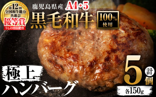 [A4・A5等級]鹿児島県産 黒毛和牛100%使用 極上ハンバーグ(計750g/150g×5個) 黒毛和牛 和牛 ハンバーグ 冷凍ハンバーグ 肉 牛肉 国産 九州産 鹿児島県産 ミンチ 100% 小分け A4 A5 ランキング