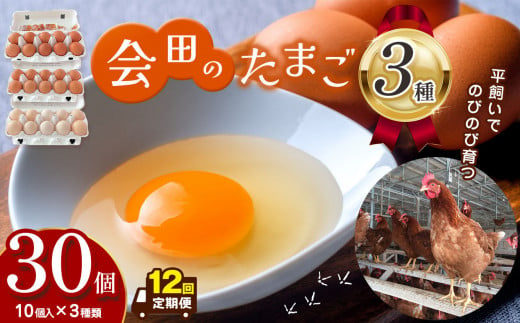 【定期便12回】会田のたまご3種詰め合わせ 30個 （1パック10個入り×3種類) ｜ ふるさと納税 信州 鶏 卵 たまご 温泉卵 長野県 松本市 美味しい 1514837 - 長野県松本市