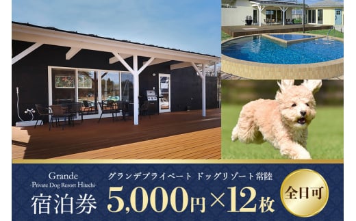 グランデ プライベート ドッグリゾート常陸宿泊券 5,000円×12枚（全日可） 愛犬 ペットOK ドッグラン プール 温泉 サウナ ホテル チケット 宿泊 旅行 宿泊券 旅行券 72-J 1386838 - 茨城県小美玉市