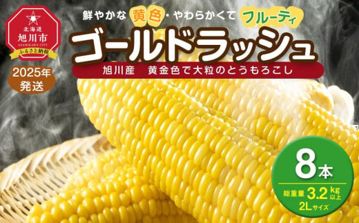 【先行予約】黄金色で大粒 ゴールドラッシュ 8本 3.2kg (2025年8月下旬～発送開始予定)【 人気 北海道産 糖度 生 野菜 スイートコーン 産地直送 バーベキュー BBQ コーン 旬 お取り寄せ 旭川市 北海道 送料無料 】_04560