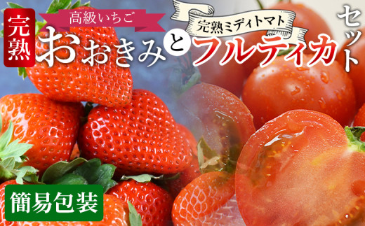 ＜高級いちご「おおきみ」と完熟ミディトマト「フルティカ」のセット（簡易包装）＞ 2025年1月上旬から4月末迄に順次出荷【 ご家庭用 家庭用 いちご イチゴ 苺 大粒 朝どれ 朝獲れ 完熟いちご 産地直送 とまと トマト 完熟トマト 】 1531427 - 宮崎県国富町