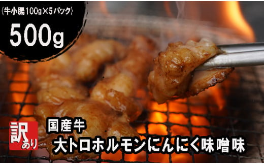 [ 訳あり ] 国産牛 大トロホルモン にんにく味噌味 500g (100gパック) 小分け ニンニク ガーリック 味噌味 ホルモン 焼き 焼肉 味付 小分け 冷凍 味噌だれ 不揃い 焼き肉 炒め物 国産 牛 肉 京都府 舞鶴市 幸福亭