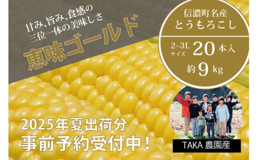 TAKA農園『恵味（めぐみ）ゴールド』2Lサイズ（1本450ｇ相当）×20本セット、約9kg【2025年夏出荷分 先行予約受付開始！】信濃町名産とうもろこし／スイートコーンの人気品種、予約受付中！ 令和7年7月下旬～8月下旬に随時出荷予定【長野県信濃町ふるさと納税】 1363407 - 長野県信濃町