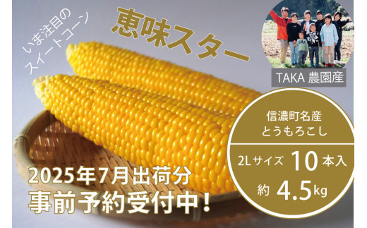 信濃町名産とうもろこし『TAKA農園の恵味（めぐみ）スター』2Lサイズ（1本450ｇ相当）×10本セット【2025年夏のご予約受付開始！】スイートコーンの人気品種を早期予約限定で受付中！ 令和7年7月15～25日の限定出荷予定 2025年夏出荷分 先行予約【長野県信濃町ふるさと納税】 1341474 - 長野県信濃町