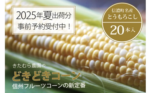 きたむら農園『どきどきコーン』×20本セット（約8～8.5kg相当）2025年夏出荷分 先行予約開始！ 信濃町名産とうもろこし／スイートコーンの新定番品種、申し込み受付中！ 令和7年7月下旬～8月下旬に随時出荷 【長野県信濃町ふるさと納税】 1366444 - 長野県信濃町