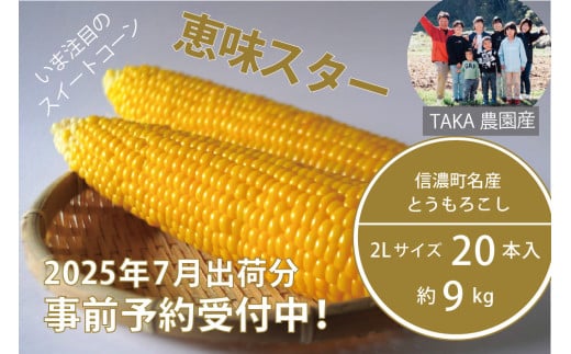 信濃町名産とうもろこし『TAKA農園の恵味（めぐみ）スター』2Lサイズ（1本450ｇ相当）×20本セット【2025年夏のご予約受付開始！】スイートコーンの人気品種を早期予約限定で受付中！ 2025年7月15～25日の限定出荷【長野県信濃町ふるさと納税】 1341562 - 長野県信濃町