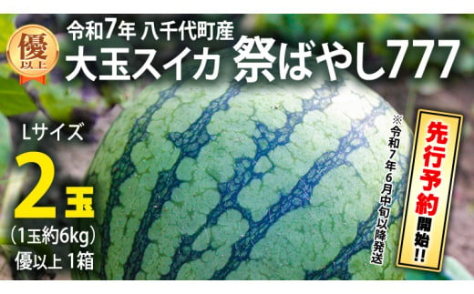 【 先行予約 2025年6月中旬 以降発送開始】 令和7年産 八千代町産 大玉 スイカ 優以上 1箱 L2玉（ 1玉 約 6kg ） 祭ばやし777 期間限定 産地直送 果物 フルーツ スイカ すいか 西瓜 甘い 夏 [AX024ya]